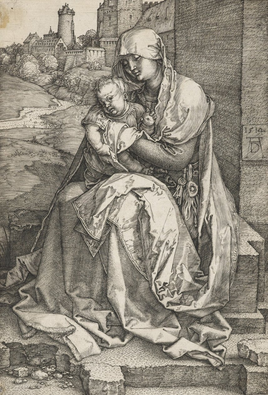 Neitsyt istuu seinän vieressä tekijältä Albrecht Dürer