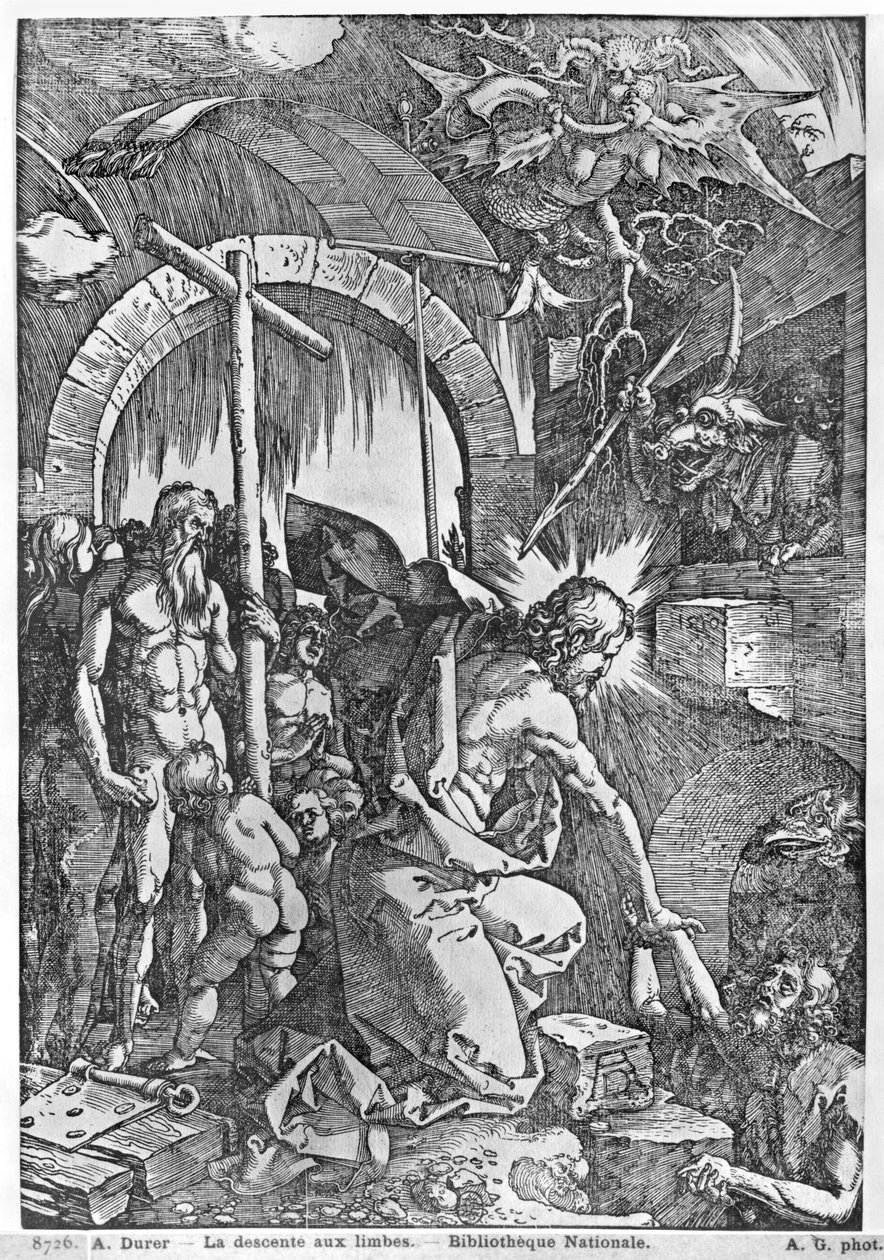 Kristuksen laskeutuminen Limboon, The Great Passion -sarjasta, 1510 tekijältä Albrecht Dürer