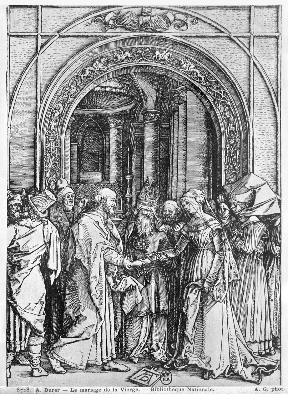 Neitsyen avioliitto, "Life of the Virgin" -sarjasta, n. 1504-1505 tekijältä Albrecht Dürer