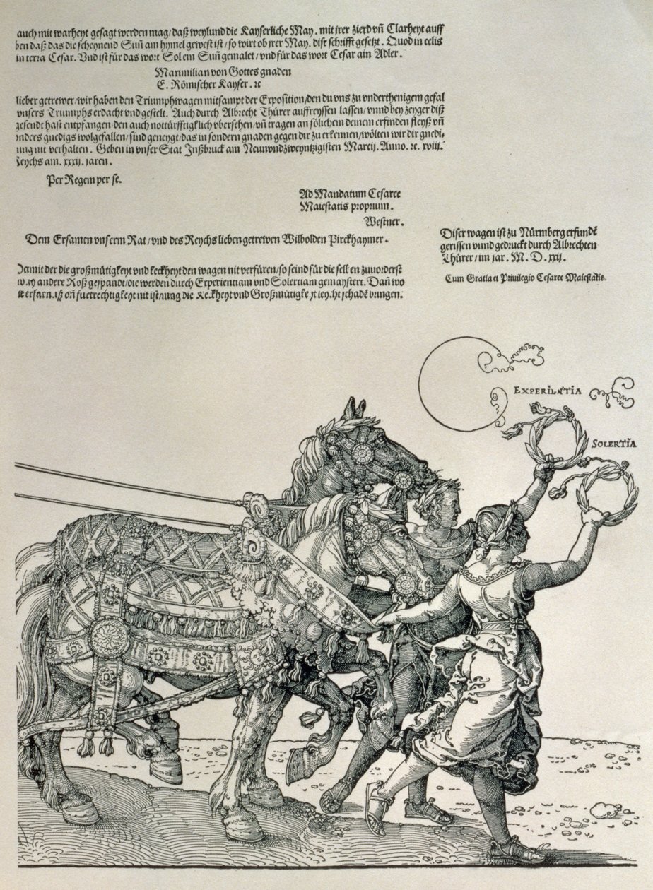 Keisari Maximilian I:n voittovaunut, Saksan keisari (1459-1519): yksityiskohta hevosryhmistä, joita ohjaavat kaksi hyvettä, Diligence ja Endeavour, pubi. c.1518 tekijältä Albrecht Dürer
