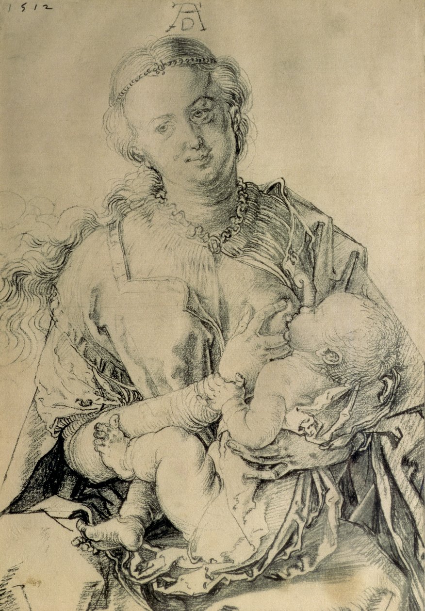 Neitsyt Maria imettävä Kristuslapsia, 1512 (hiilipiirros) tekijältä Albrecht Dürer