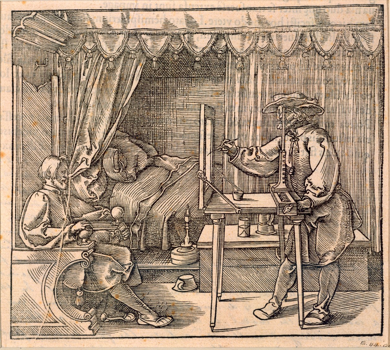 Piirtäjä, joka otti muotokuvan yksityiskohtia käyttämällä perspektiivilaitetta lasille piirtämiseen, Albrecht Durerin piirtämisen taiteen kurssista, Nürnberg 1525 (katso myös 2 tekijältä Albrecht Dürer