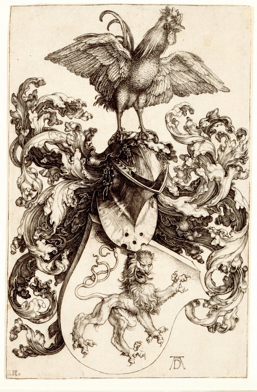 Vaakuna, jossa leijona ja kukko, 1502-03 tekijältä Albrecht Dürer