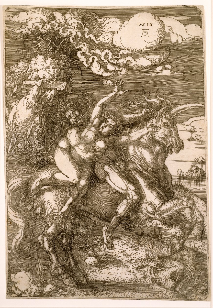 Proserpinan raiskaus (yksisarvisen sieppaus), 1516 tekijältä Albrecht Dürer