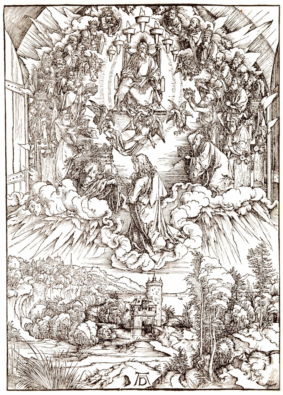 Pyhä Johannes Jumalan ja vanhinten edessä, Apokalypsista, n. 1496-1498 tekijältä Albrecht Dürer