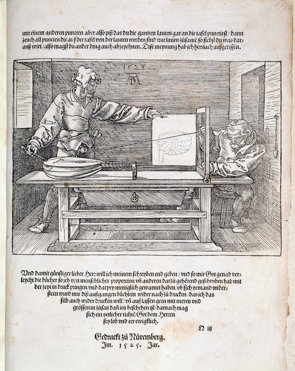 Kohtaus Durerin piirtämisen taiteen kurssista, julkaistu Nürnbergissä 1525 tekijältä Albrecht Dürer