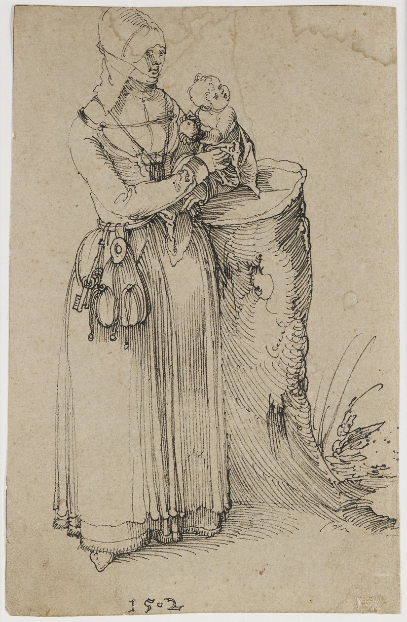 Pysyvä hahmo nainen pitelee lasta, 1502 (kynä ja intialainen muste värjäytyneellä ruskehtavalla paperilla) tekijältä Albrecht Dürer