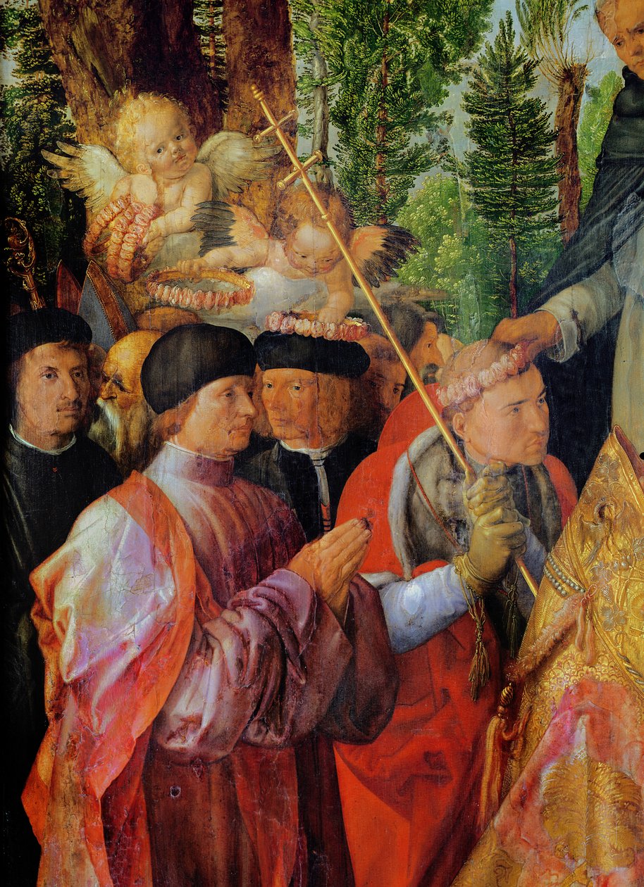 Ruusutarhojen festivaali, yksityiskohta vasemmalla: rukoileminen, 1506 (öljy puulle) tekijältä Albrecht Dürer