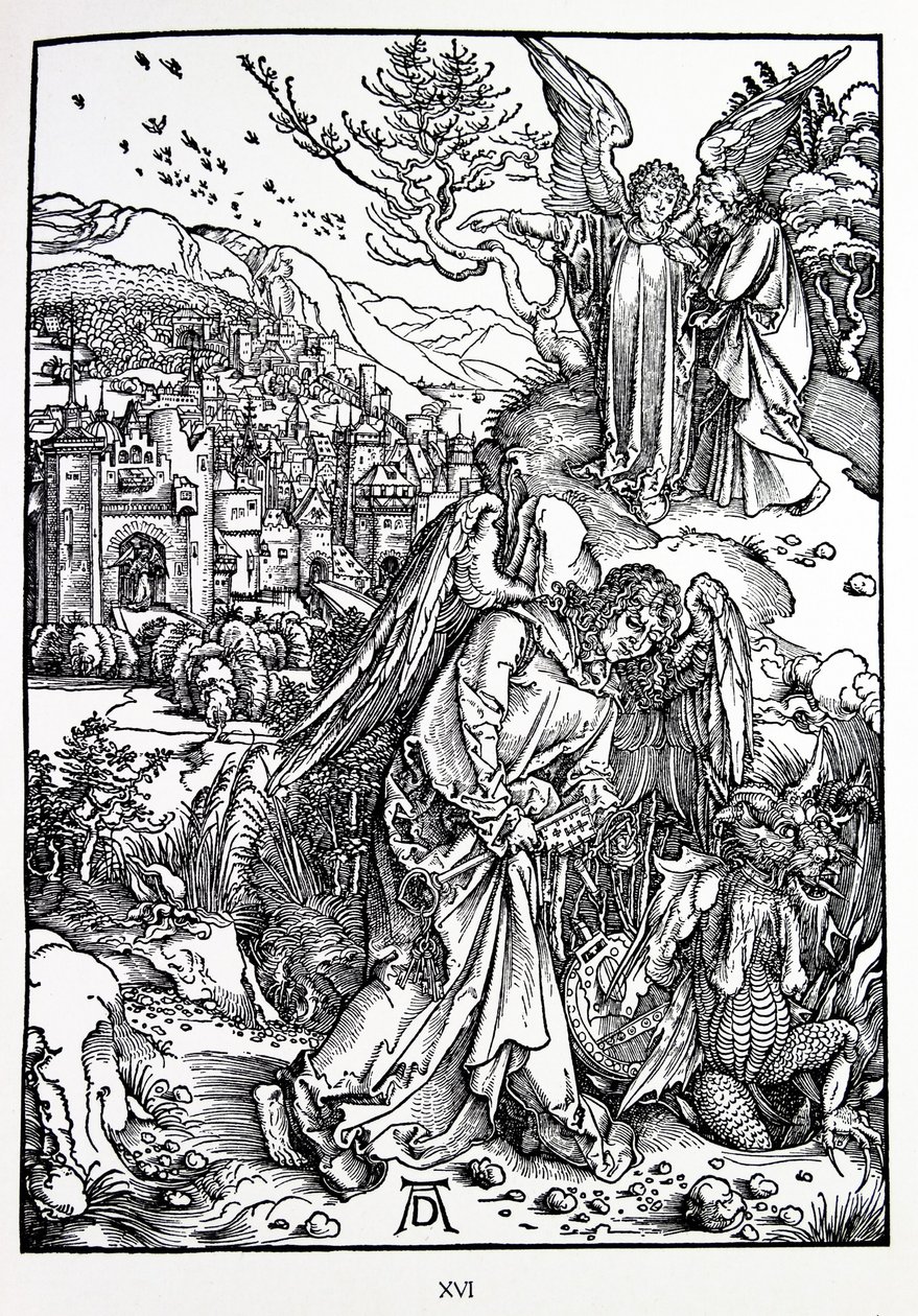Pyhän Johanneksen ilmestys: 15. Enkeli, jolla on avaimet pohjattomaan kaivoon tekijältä Albrecht Dürer