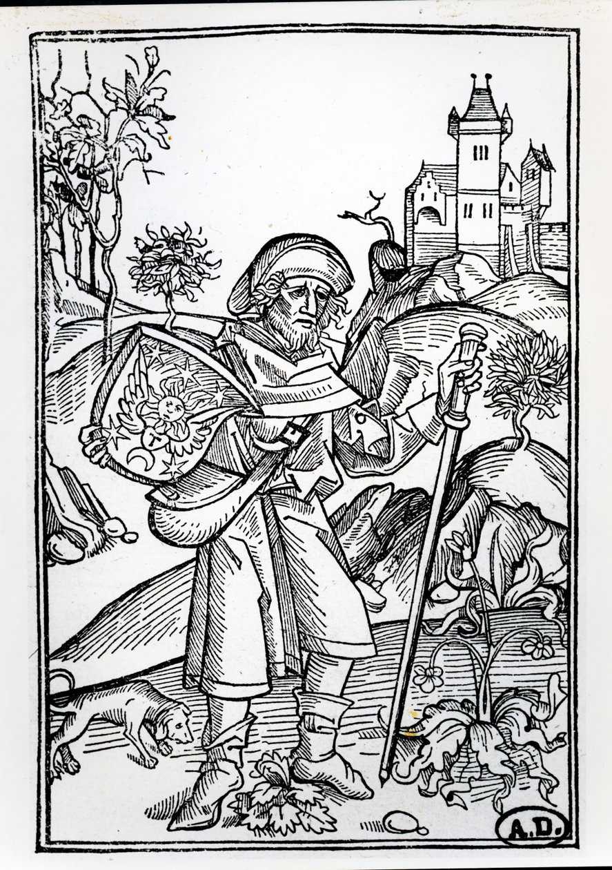 Pyhiinvaeltaja koiransa kanssa linnan edessä, kuva Johannes Gersonin oopperan toisesta osasta, julkaistu Baselissa, 1489 tekijältä Albrecht Dürer