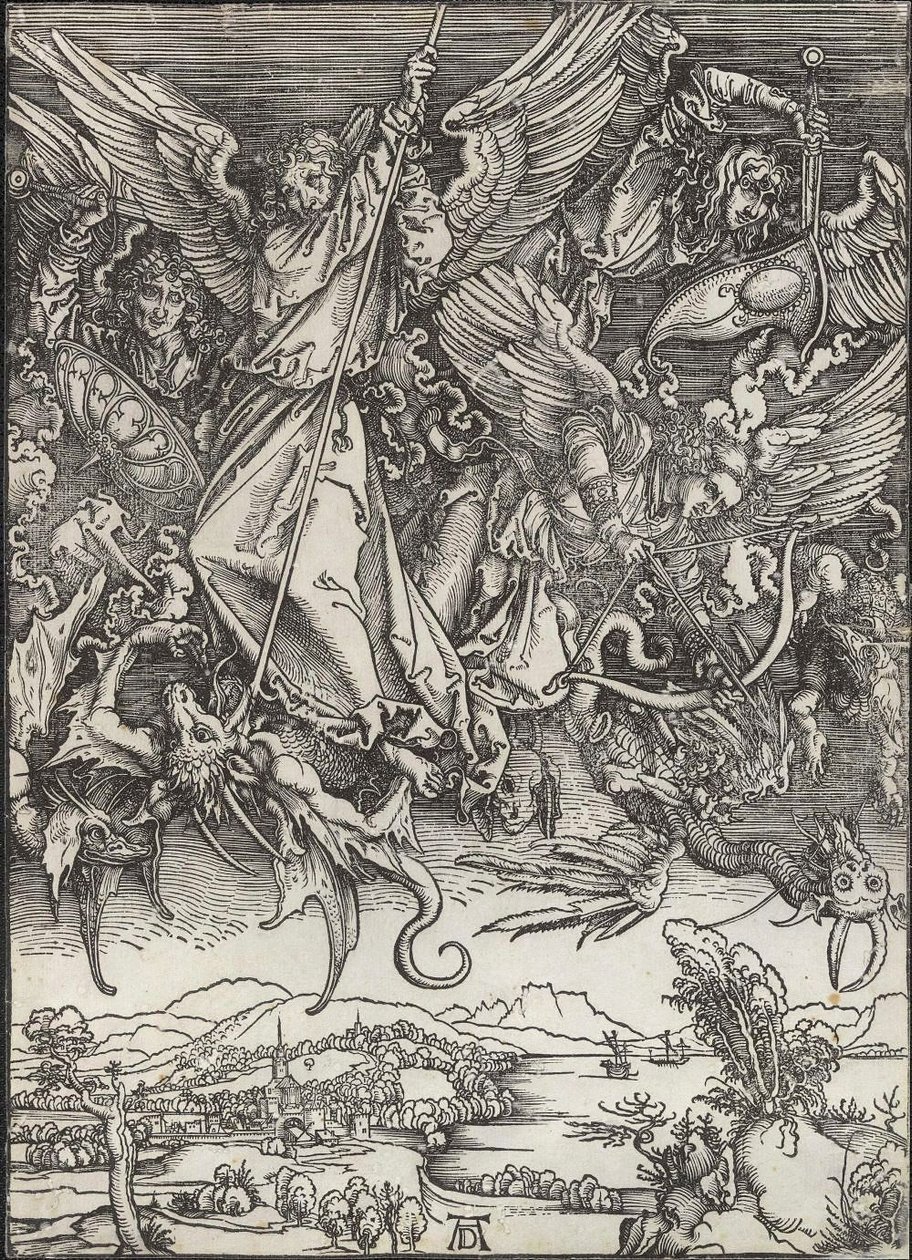 Pyhä Mikael taistelee lohikäärmettä vastaan tekijältä Albrecht Dürer