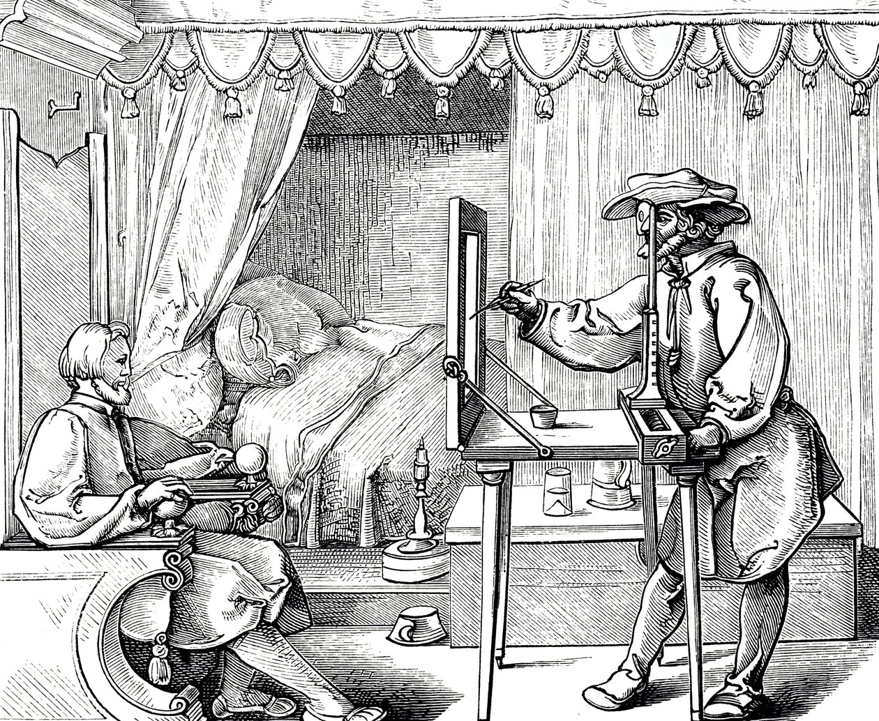 Puupiirros, jossa taiteilija käyttää piirustusapuvälinettä muotokuvan mittasuhteiden oikeaksi saamiseksi. Kaiverrus Albrecht Dürer (1471-1528), saksalainen taidemaalari, taidegraafikko ja renessanssin teoreetikko tekijältä Albrecht (after) Durer or Duerer