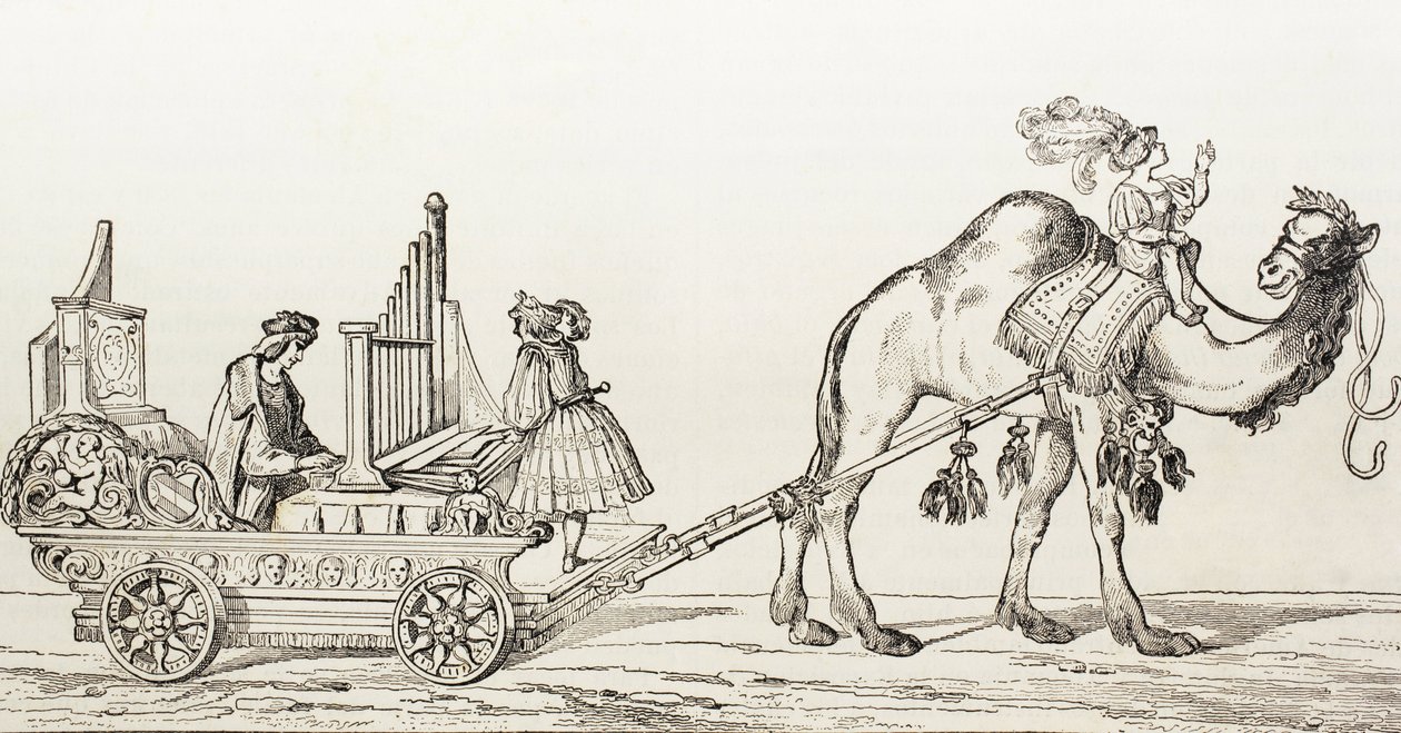 Urkuri Paul Hoffaner soittamassa kamelin piirtämissä vaunuissa, n. 1880 (kaiverrus) tekijältä Albrecht (after) Durer or Duerer