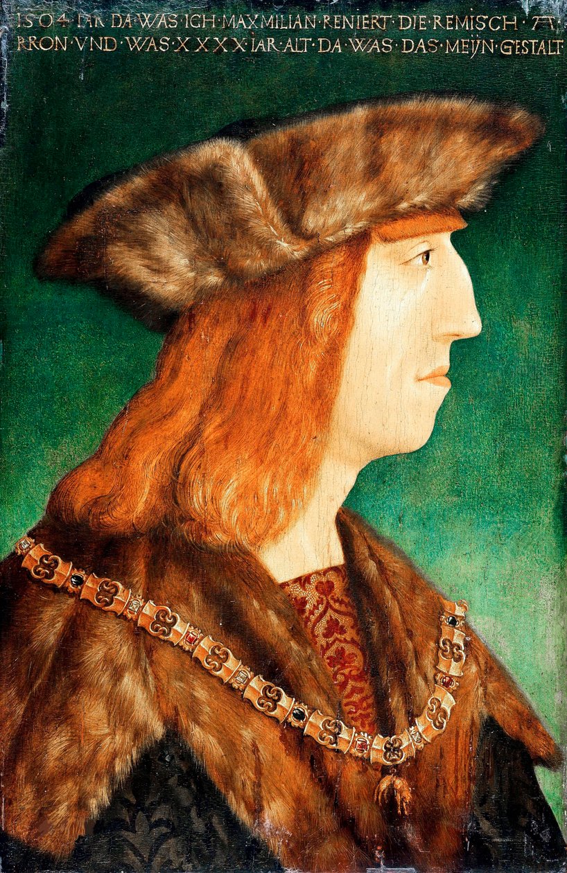 ""Habsburgin keisari Maximilian I:n (1459-1519), Pyhän Rooman keisarin muotokuva"" Maalaus Albrecht Durerin (1471-1528) työpajasta, vuoden 1504 jälkeen - Öljy puulle, 54,6x36,1 - Staatliche Museen, Berliini tekijältä Albrecht (follower of) Durer or Duerer
