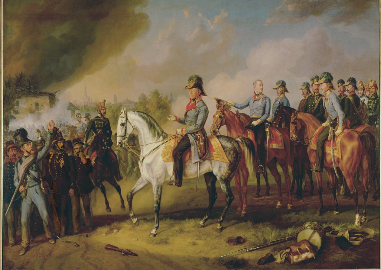 Kenttämarsalkka Johann Joseph Wenzel Radetzky ja hänen yleisesikuntansa ennen Milanoa ... (maalaus kankaalle) tekijältä Albrecht Adam