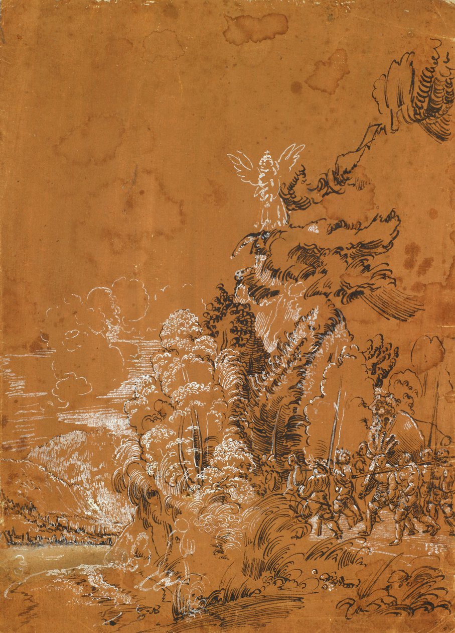 Metsämaisema enkeleillä ja palkkasotureilla tekijältä Albrecht Altdorfer