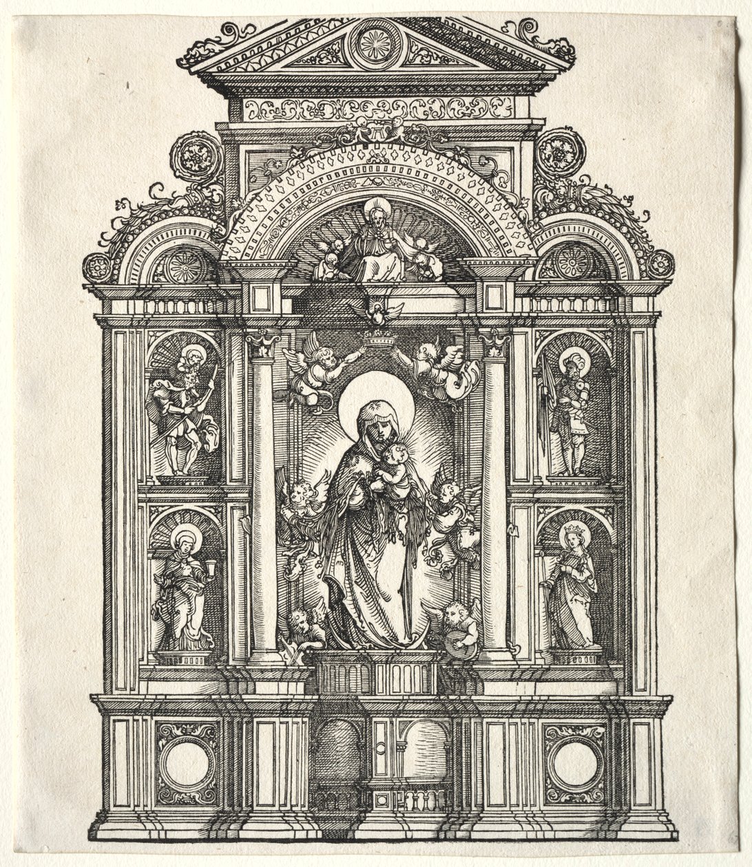 Suuri alttari Neitsyen kanssa, rajalla SS:n kanssa. Christopher, George, Barbara, Catherine, 1520. tekijältä Albrecht Altdorfer
