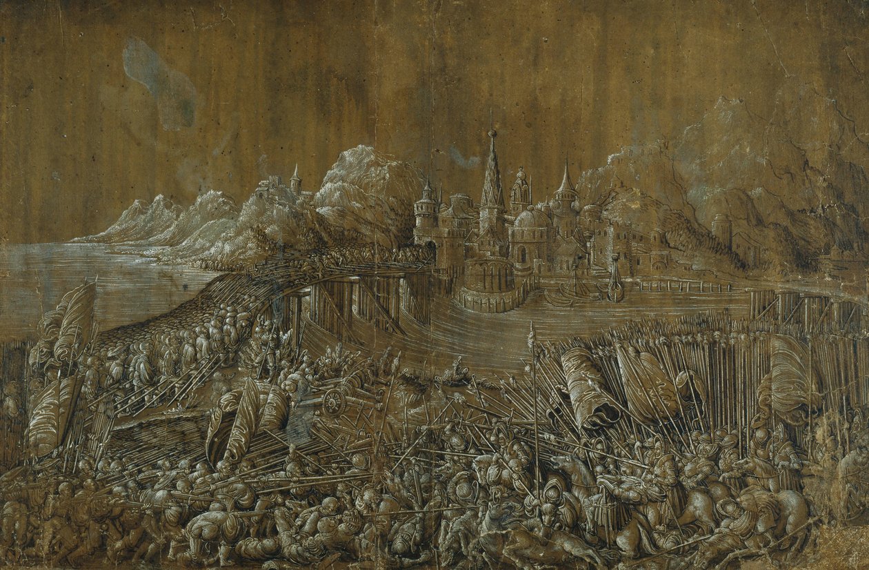 Landaknechten, Taistelu sillalla (kynä ja muste guassilla paperilla) tekijältä Albrecht Altdorfer