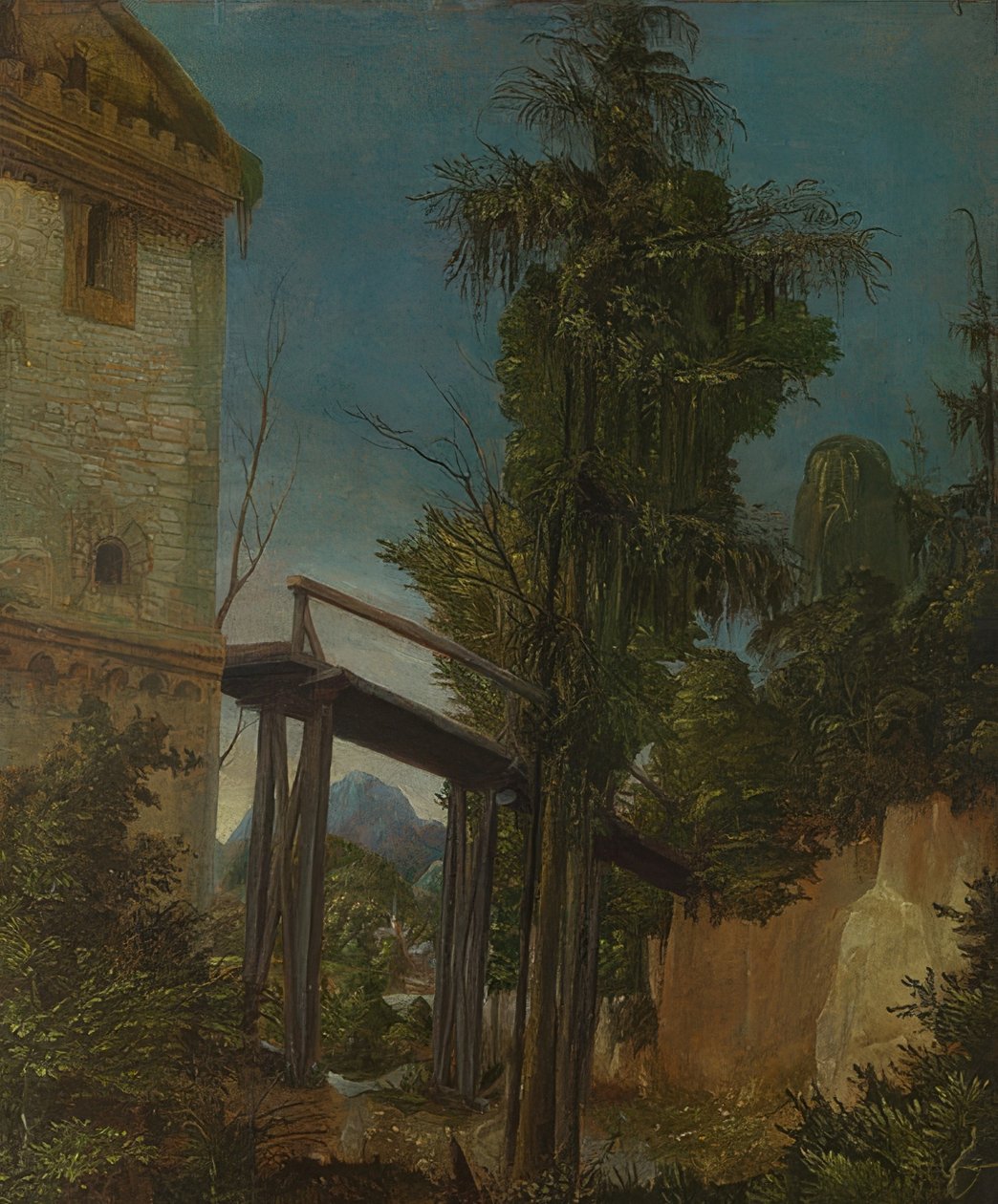 Maisema kävelysillalla. Noin 1518-20 tekijältä Albrecht Altdorfer