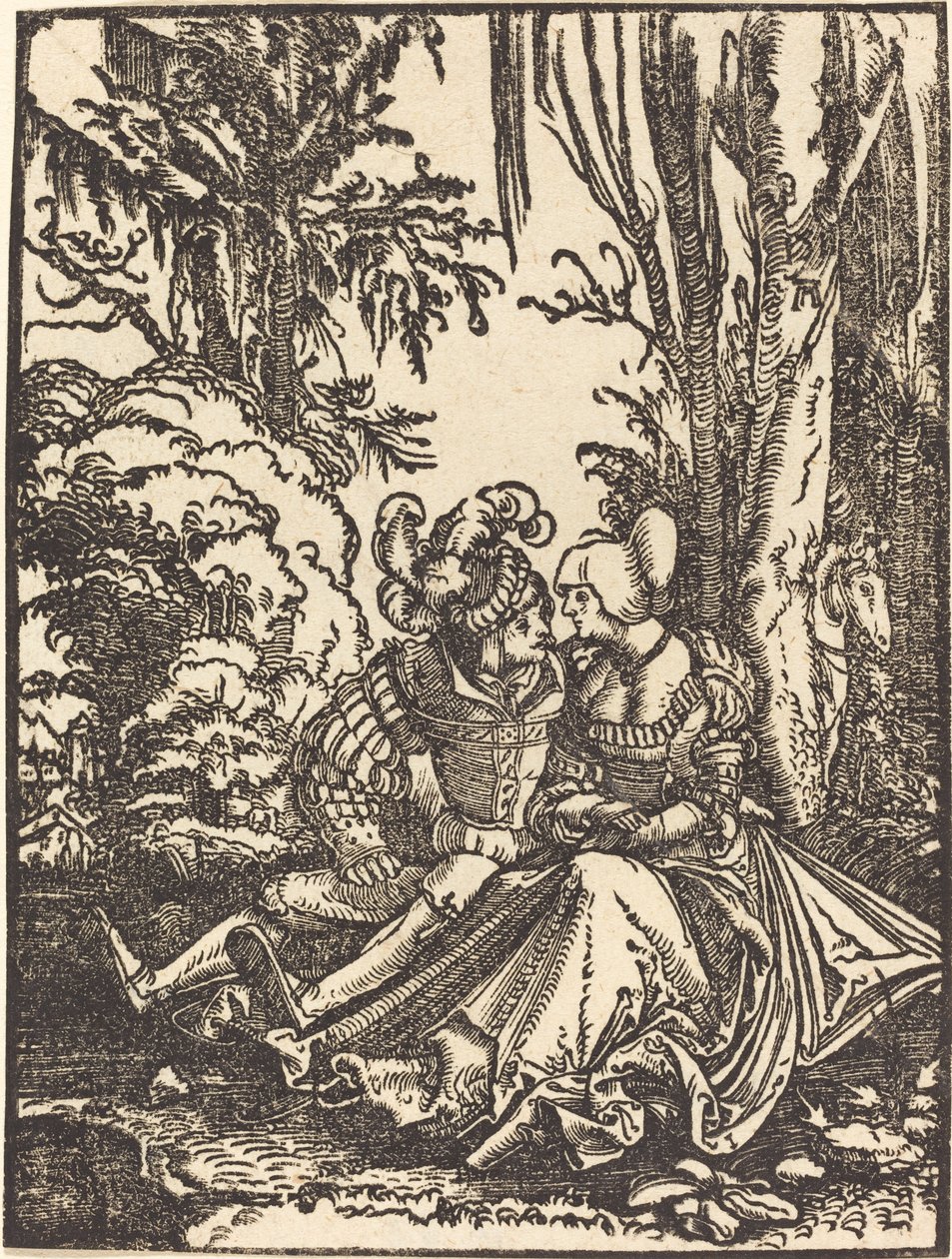 Pari rakastavaista maisemassa tekijältä Albrecht Altdorfer