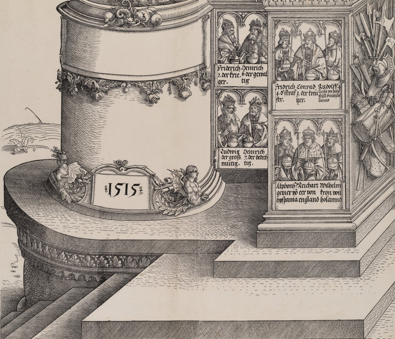 Maximilianin sukulaisten muotokuvia ja vasemman ulomman pylvään jalusta päivämäärällä 1..., 1515. tekijältä Albrecht Altdorfer