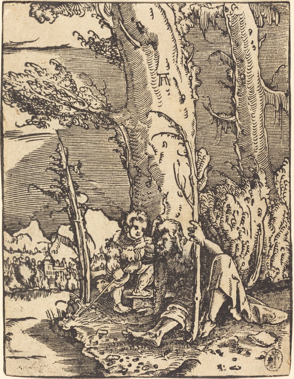 Pyhä Christopher istuu joen rannalla tekijältä Albrecht Altdorfer