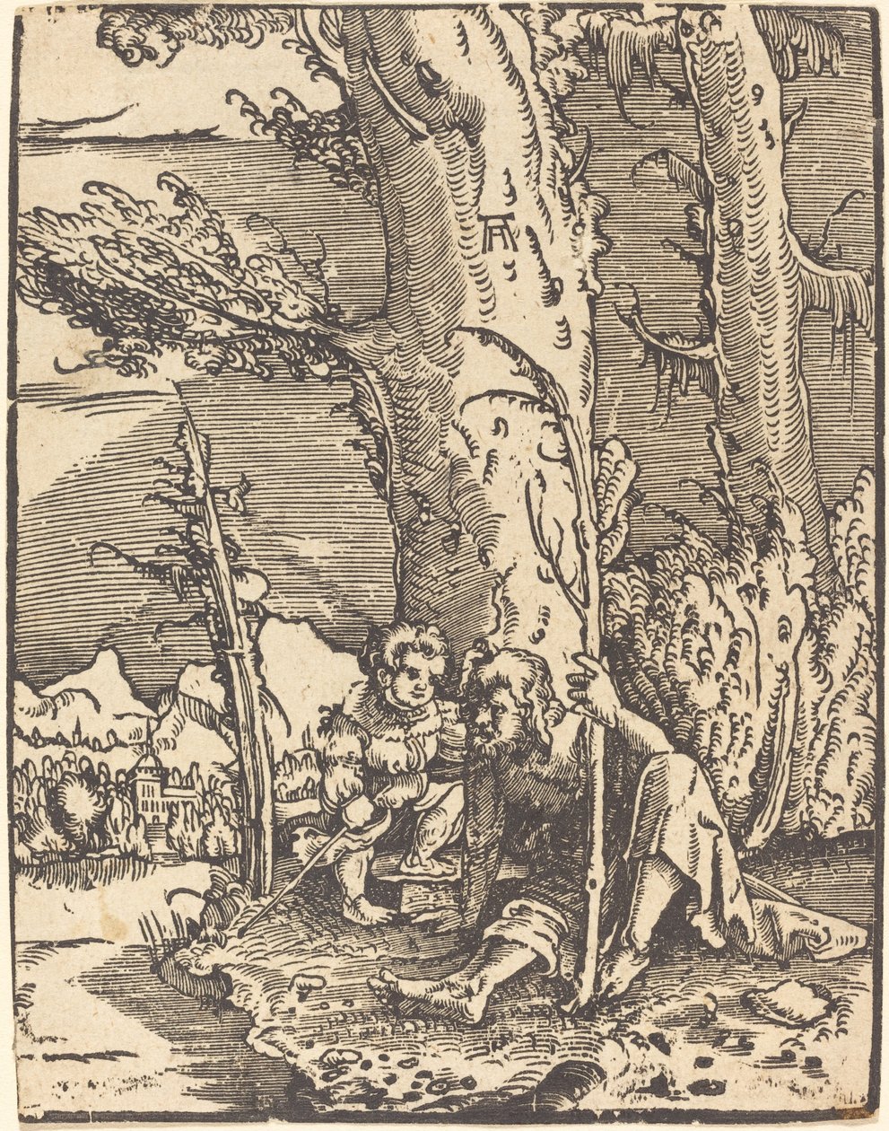 Pyhä Christopher istuu joen rannalla tekijältä Albrecht Altdorfer