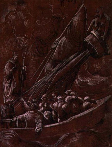 Pyhä Nikolaus Barilainen nuhtelee myrskyä tekijältä Albrecht Altdorfer