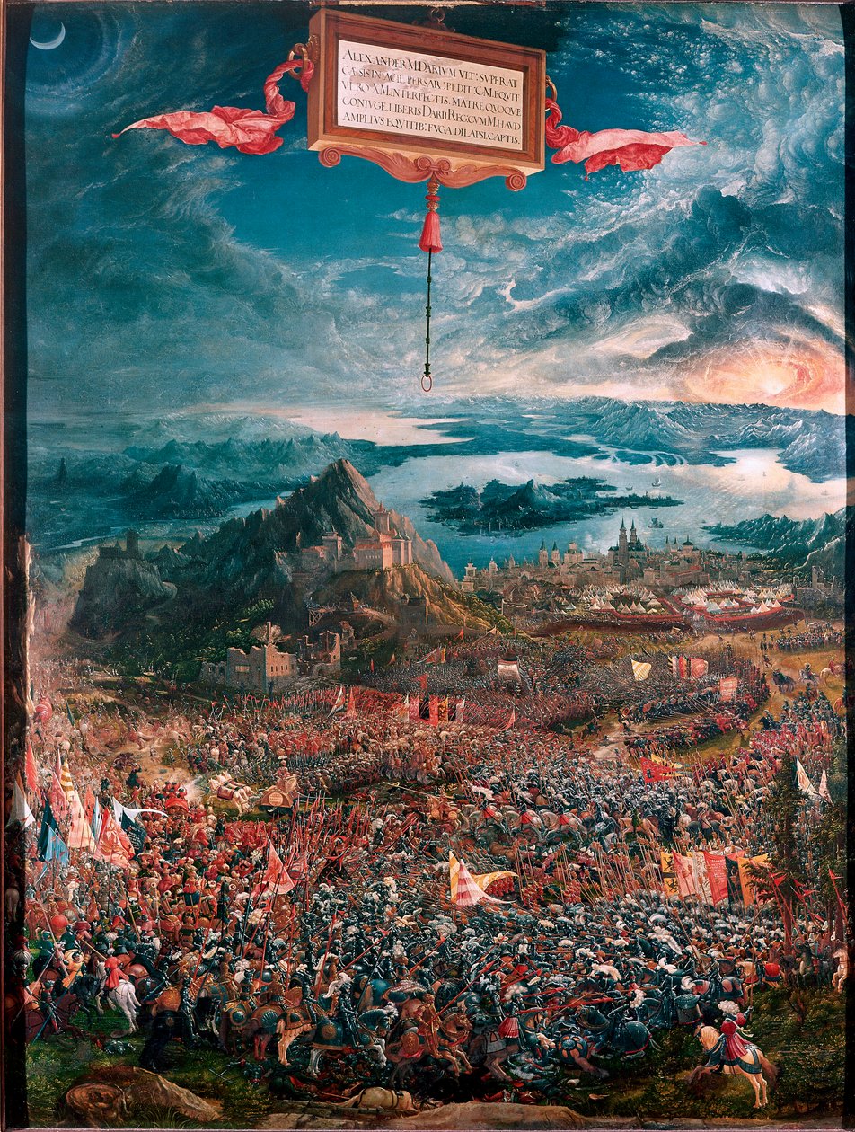 Aleksanteri Suuren voitti Issoksen (tai Issoksen) taistelun vuonna 333 eKr. Albrecht Altdorferin (1480-1538) maalaus 1529, koko 158x120 cm München, Alte Pinakothek - Issoksen taistelu (333 eKr.) - Albrecht Altdorferin maalaus (18 eKr.) 1538), öljy puulle tekijältä Albrecht Altdorfer