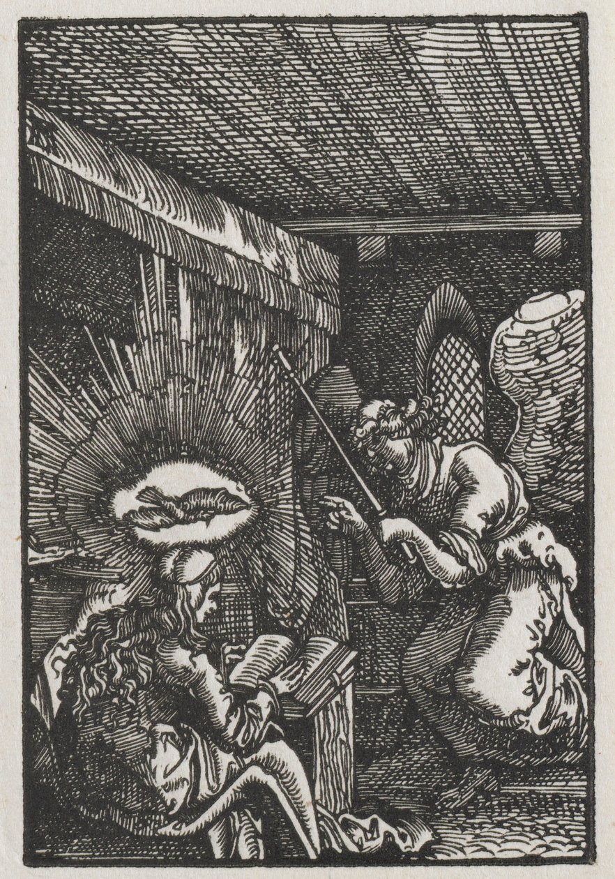 Ihmisen lankeemus ja lunastus: Ilmoitus, n. 1513. tekijältä Albrecht Altdorfer