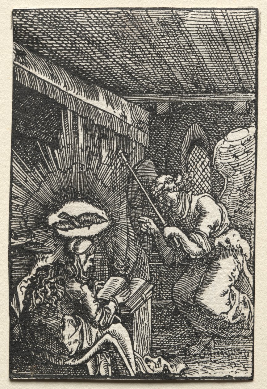 Ihmisen lankeemus ja lunastus: Ilmoitus, n. 1515. tekijältä Albrecht Altdorfer
