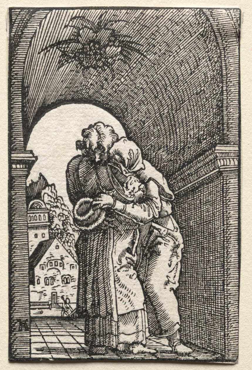 Ihmisen lankeemus ja lunastus: Joachimin ja Annen syleily Kultaisella portilla, 1515. tekijältä Albrecht Altdorfer