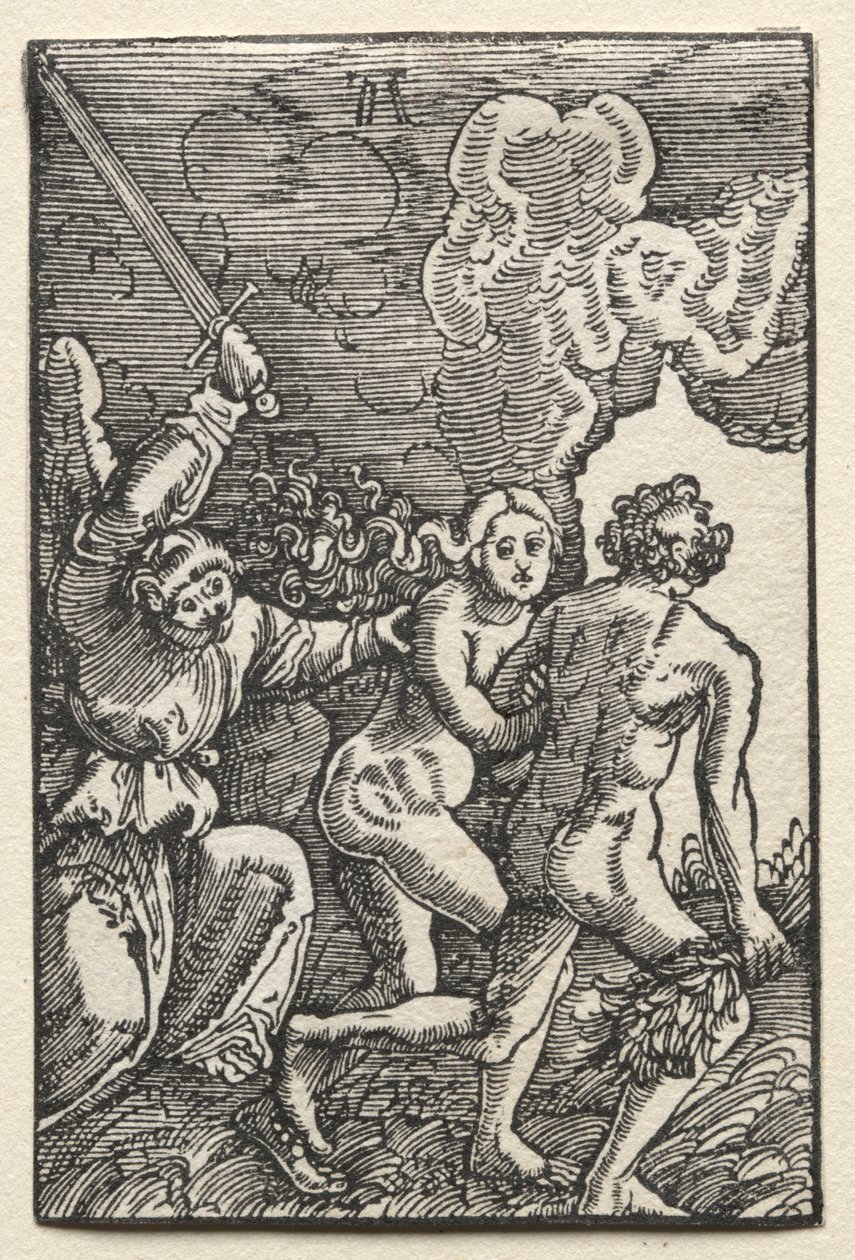 Ihmisen lankeemus ja lunastus: Karkotus Eedenistä, n. 1515. tekijältä Albrecht Altdorfer