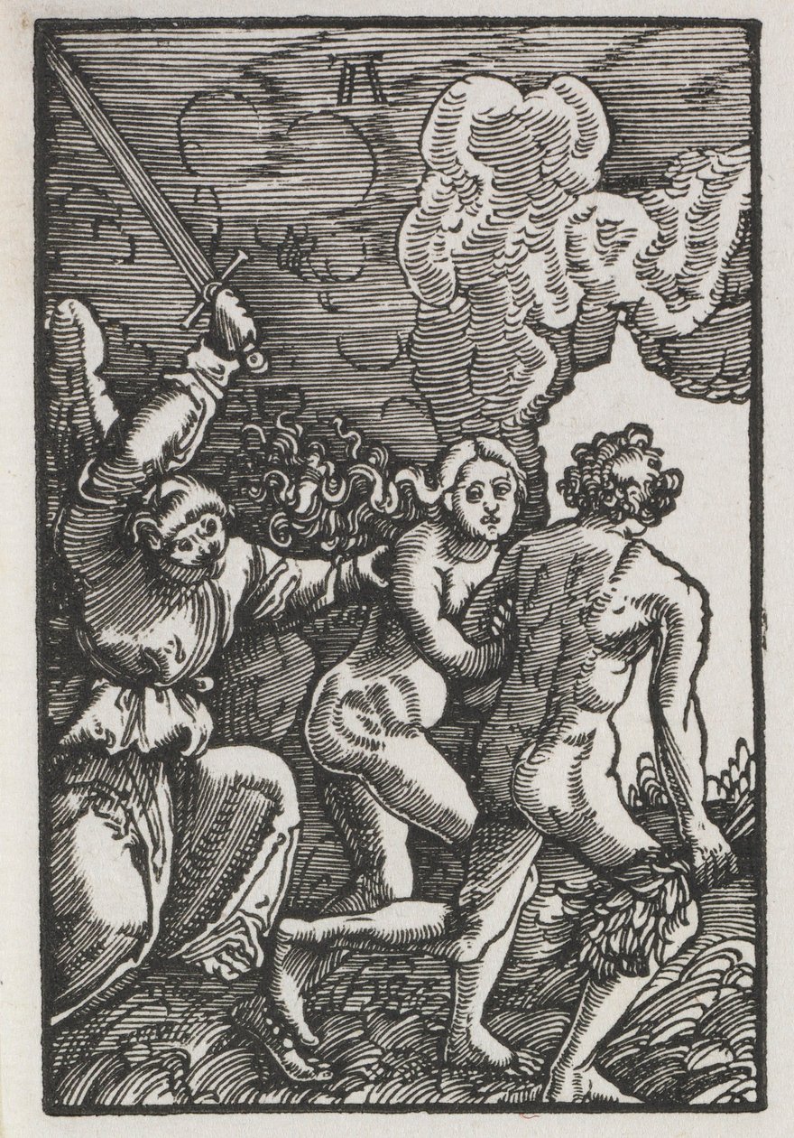 Ihmisen lankeemus ja lunastus: Karkotus Eedenistä, n. 1515. tekijältä Albrecht Altdorfer