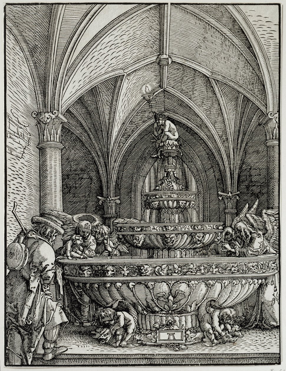 Pyhällä perheellä on lähde. Kaiverrus saksalaiselta Albrecht Altdorferilta (1480-1538). Louvren taidemuseo tekijältä Albrecht Altdorfer