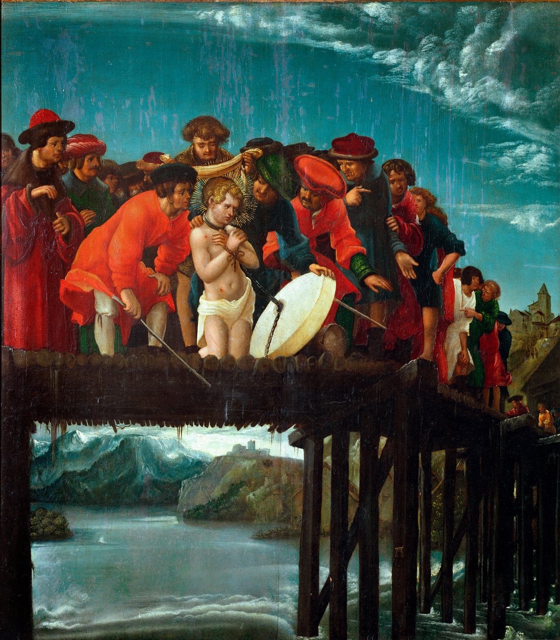 Pyhän Florianuksen marttyyri Kristitty Florian, marttyyrikuolema Diocletianuksen vainon aikana, heitettiin jokeen lähellä Lorchia Itävallassa vuonna 304 jKr. Yksityiskohta. Albrecht Altdorferin maalaus (1480 ca.-1538) 1525-1530 Dim. 76x67 cm Firenze, galle tekijältä Albrecht Altdorfer