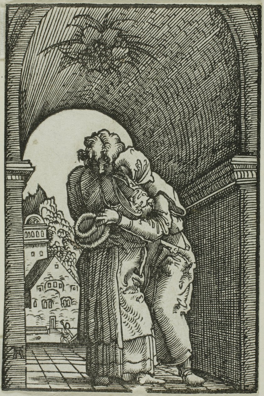 Joachimin ja Annen tapaaminen julkaisusta The Fall and Redemption of Man tekijältä Albrecht Altdorfer