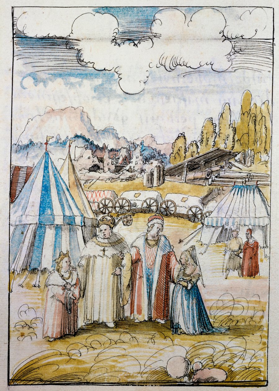 Tuleva keisari Maximilian I tapaa isänsä Friedrich III:n johdolla morsiamensa Burgundin Marian Neussissa ... tekijältä Albrecht Altdorfer