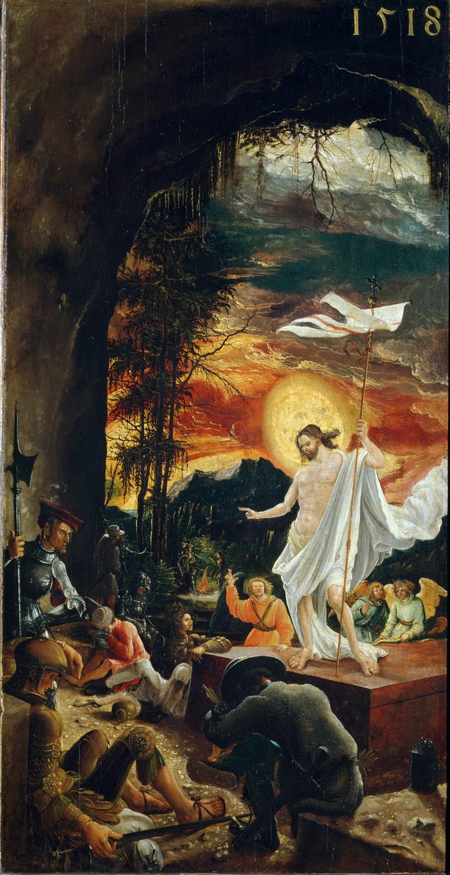 Kristuksen ylösnousemus Hänellä on ristisauva, jonka päässä kelluu valkoinen lippu (standardi). Albrecht Altdorferin (n. 1480-1538) maalaus 1518 Dim. 70x37 cm Wienin taidehistoriallinen museo tekijältä Albrecht Altdorfer