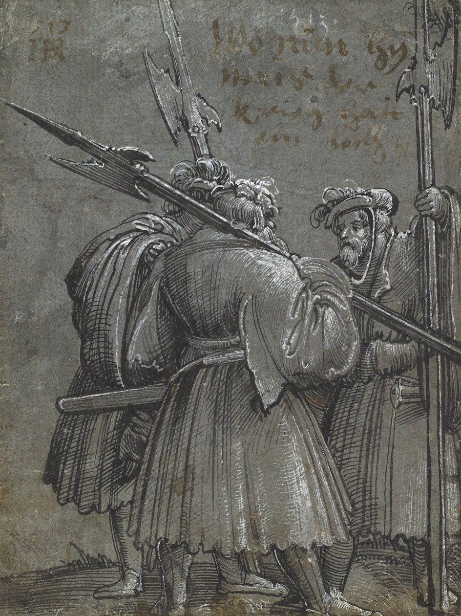 Kolme yövartijaa, 1513 (piirustus siniselle harmaalle paperille) tekijältä Albrecht Altdorfer