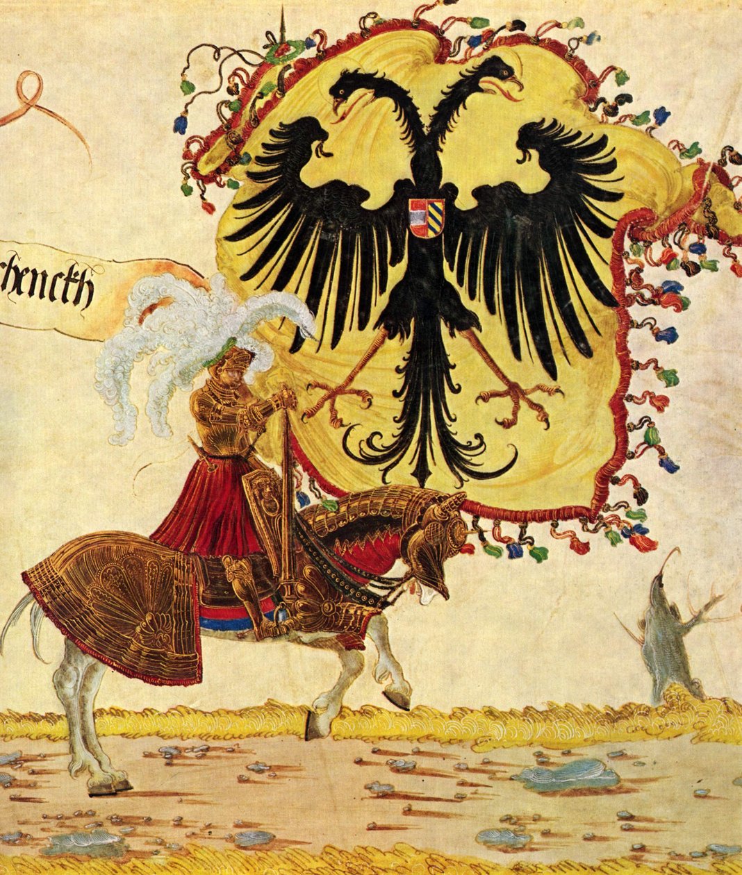Keisari Maximilianuksen riemukulkue, kohtaus: keisarillinen lippu ja miekka, detalji tekijältä Albrecht Altdorfer