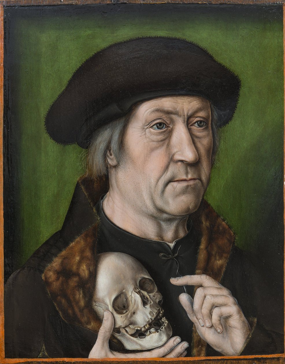 Autoportrait avec un crane - Omakuva kallolla, kirjoittanut Bouts, Aelbrecht (Albert) (1451/54-1549). Öljy puulle, c. 1520. Mitat : 42,6x33 cm. Muzeul National Brukenthal, Sibiu tekijältä Albrecht Bouts