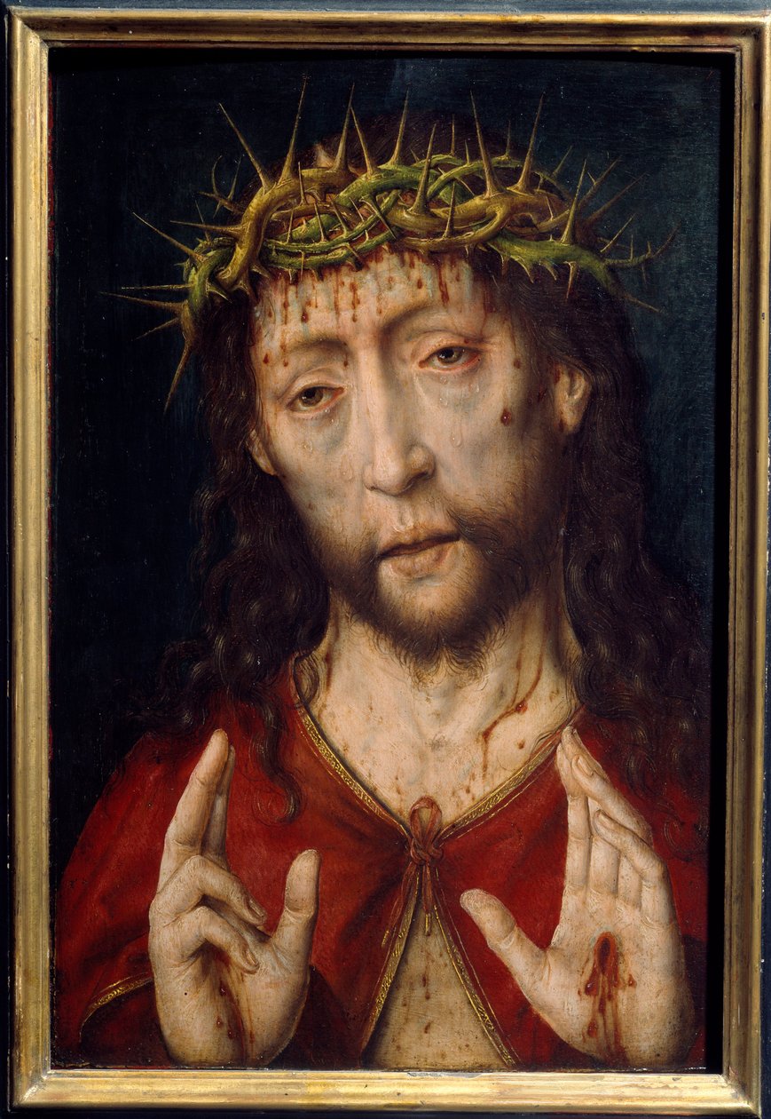 Kivun Kristus. Kristuksen kasvot verihaavoissa orjantappurakruunun vieressä ja leimat kämmenissä. Albrecht Boutsin maalaus (v.1455-1549) Ec. Hol. tekijältä Albrecht Bouts