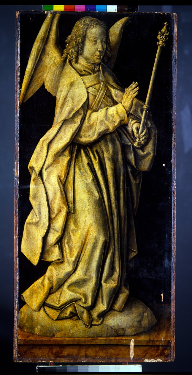 Aikaisemmin triptyykin siivet, pari, viisautta ja anteliaisuutta personoivat naishahmot ja julistus (paneeli; en grisaille verso). tekijältä Albrecht Bouts