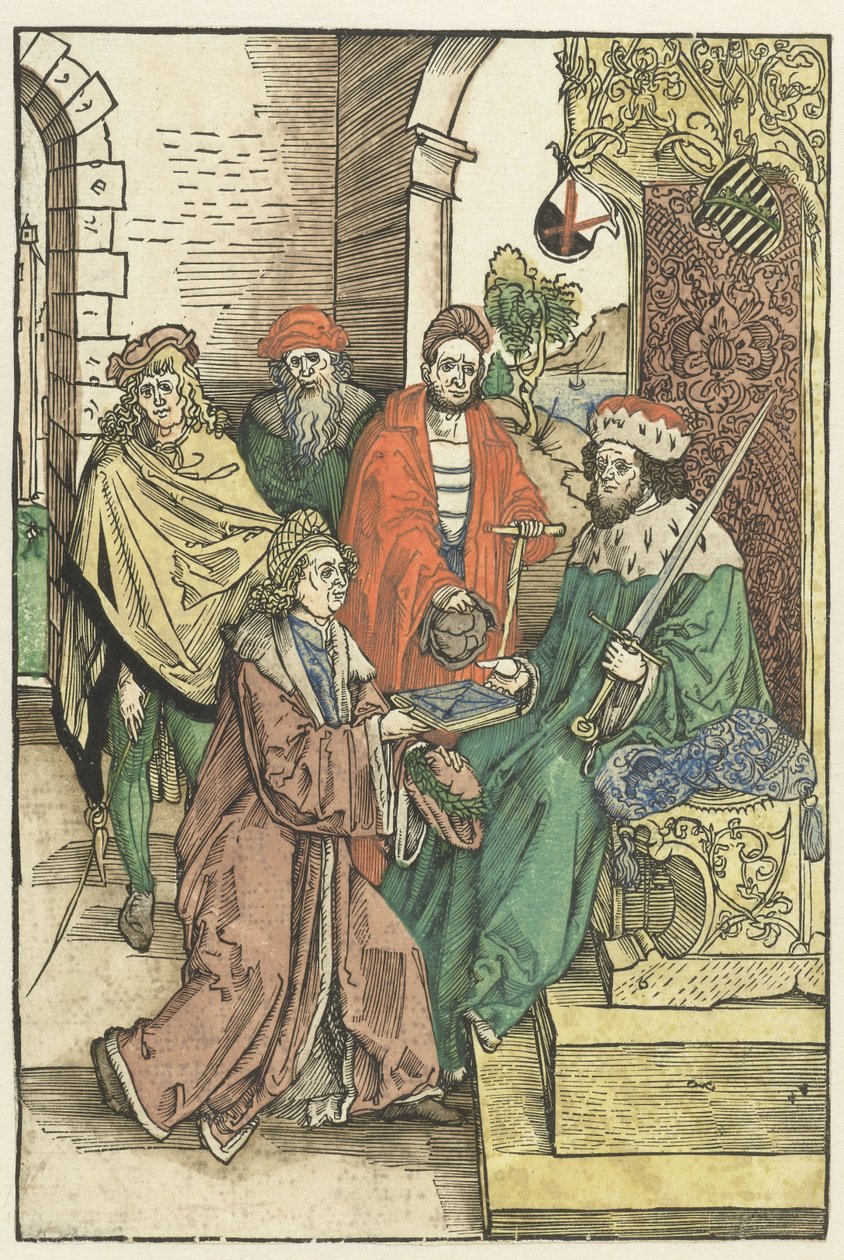 Conrad Celtis tarjoaa Saksin vaaliruhtinas Frederick III Viisaan kirjan Roswitha van Gandersheimin teoksista tekijältä Albrecht Dürer (attributed to)