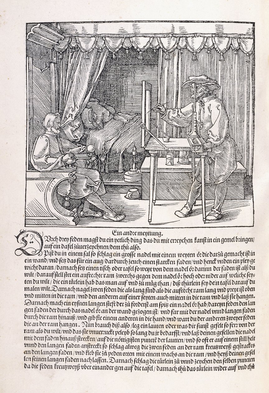 Piirtäjä piirtää muotokuvaa piirustuskehyksen avulla, 1525 tekijältä Albrecht Dürer
