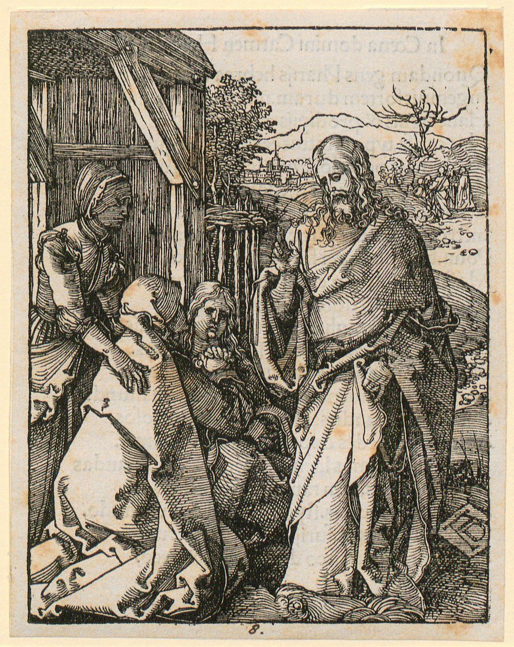 Kristuksen jäähyväiset äidilleen, lehti 8 sarjasta "Pieni puupiirrospassio" tekijältä Albrecht Dürer