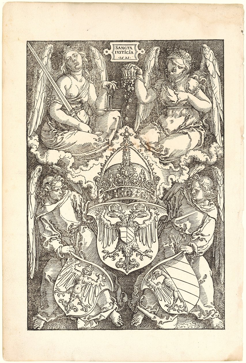 Allegoria, jossa esiintyvät keisarikunnan ja Nürnbergin kaupungin vaakunat tekijältä Albrecht Dürer
