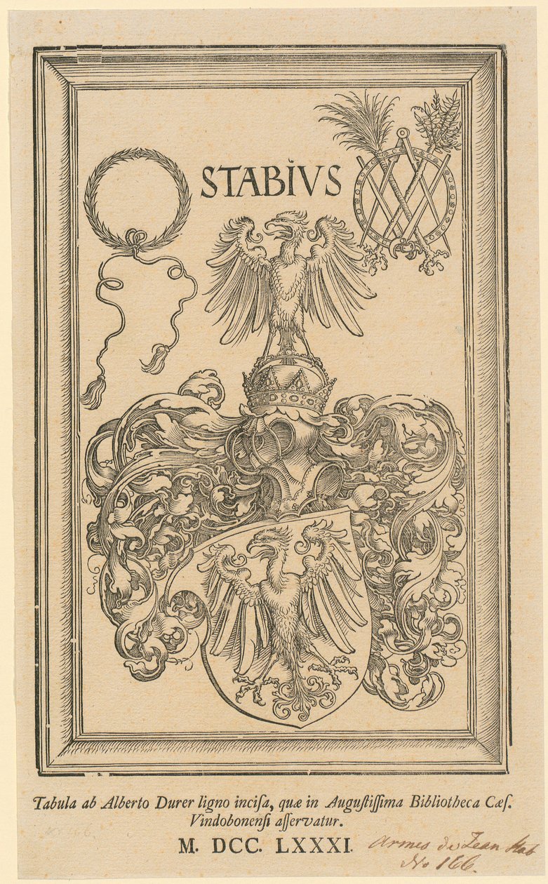 Allegoria, jossa ovat valtakunnan ja Nürnbergin kaupungin vaakunat tekijältä Albrecht Dürer