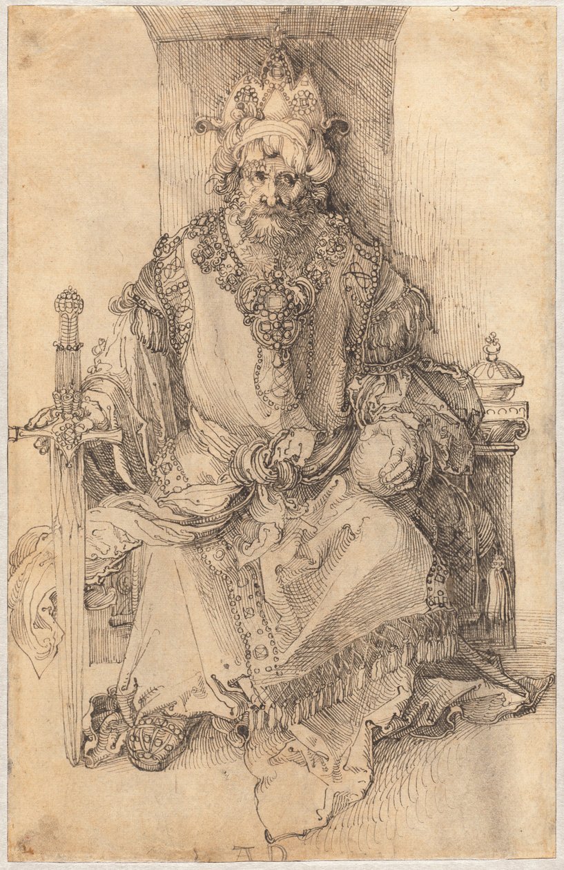 Itämaisen hallitsijan istuva kuva valtaistuimellaan tekijältä Albrecht Dürer
